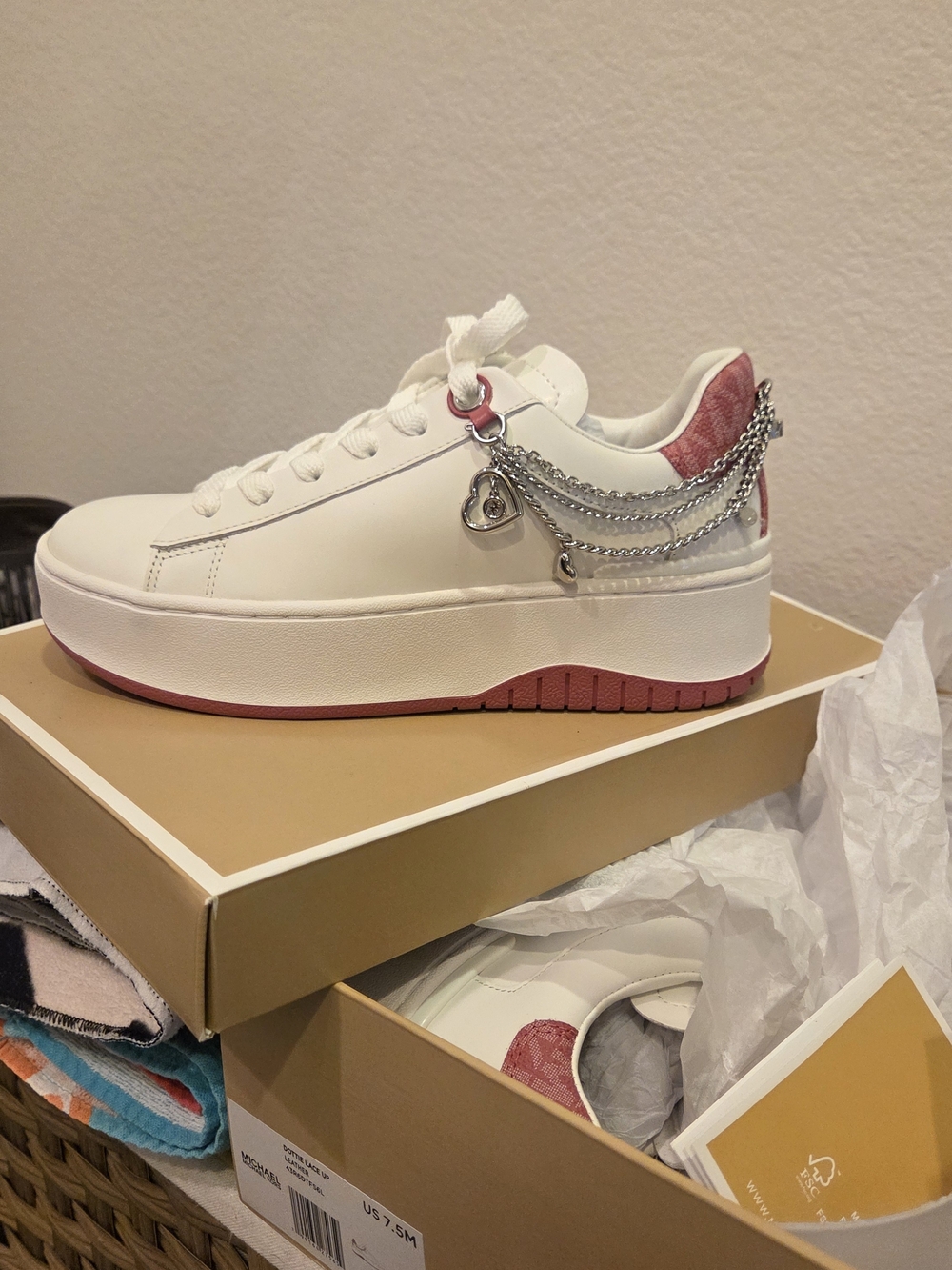 Michael Kors White Platform Sneakers with Pink Accents and Chain Charm